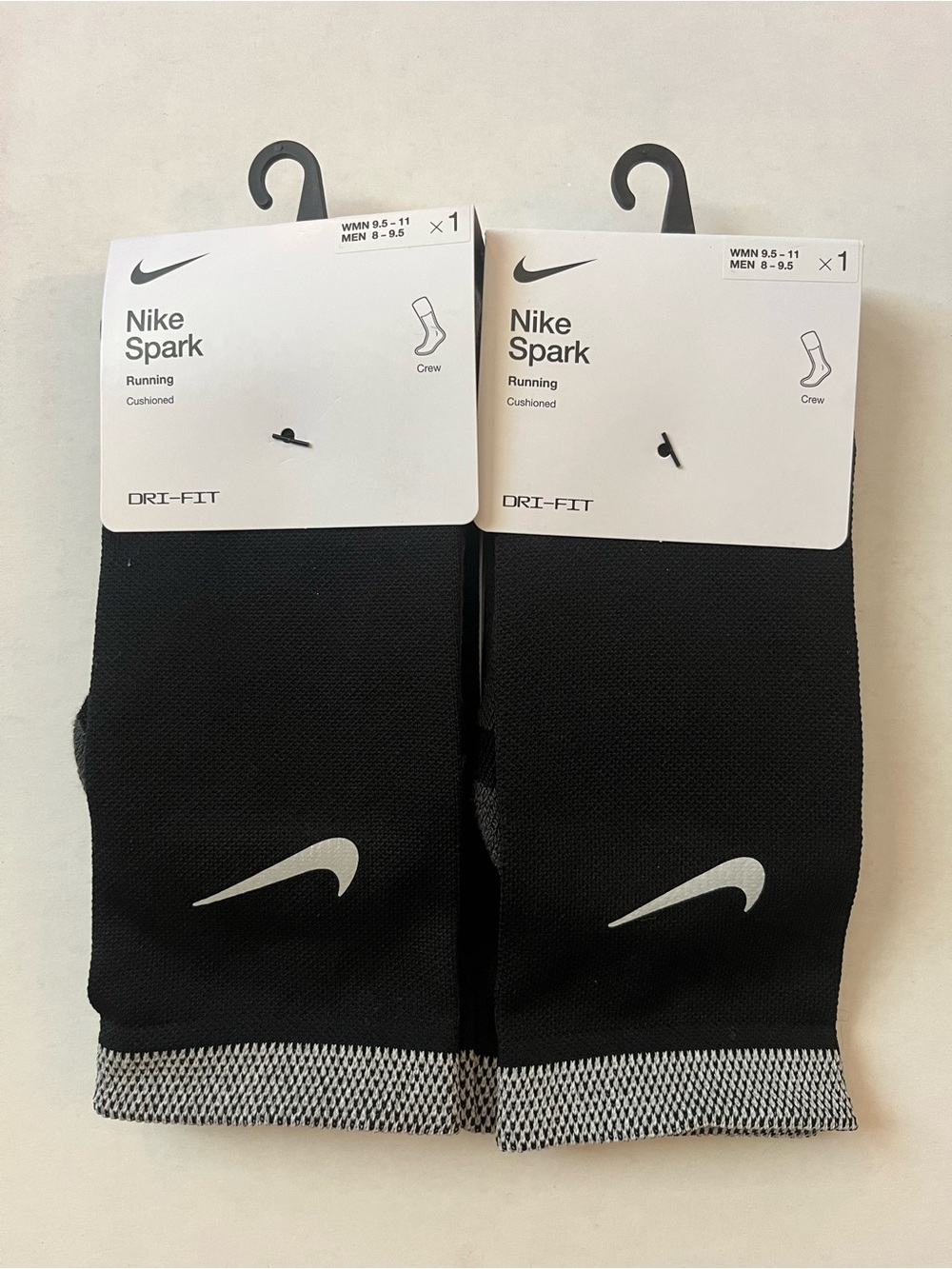 Nike Black & Gray Spark Dri-FIT Crew Running Socks - Pair M 8-9.5 W 9.5-11